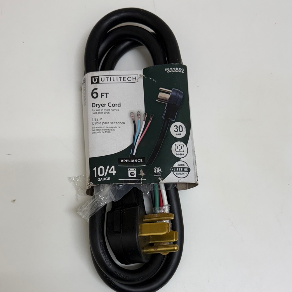 NWT Utilitech Black Dryer Cord 6 FT